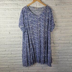 Woman Within 26W Plus Blue White Tie Dye V-Neck Short Sleeve Rayon Dress TIE33E